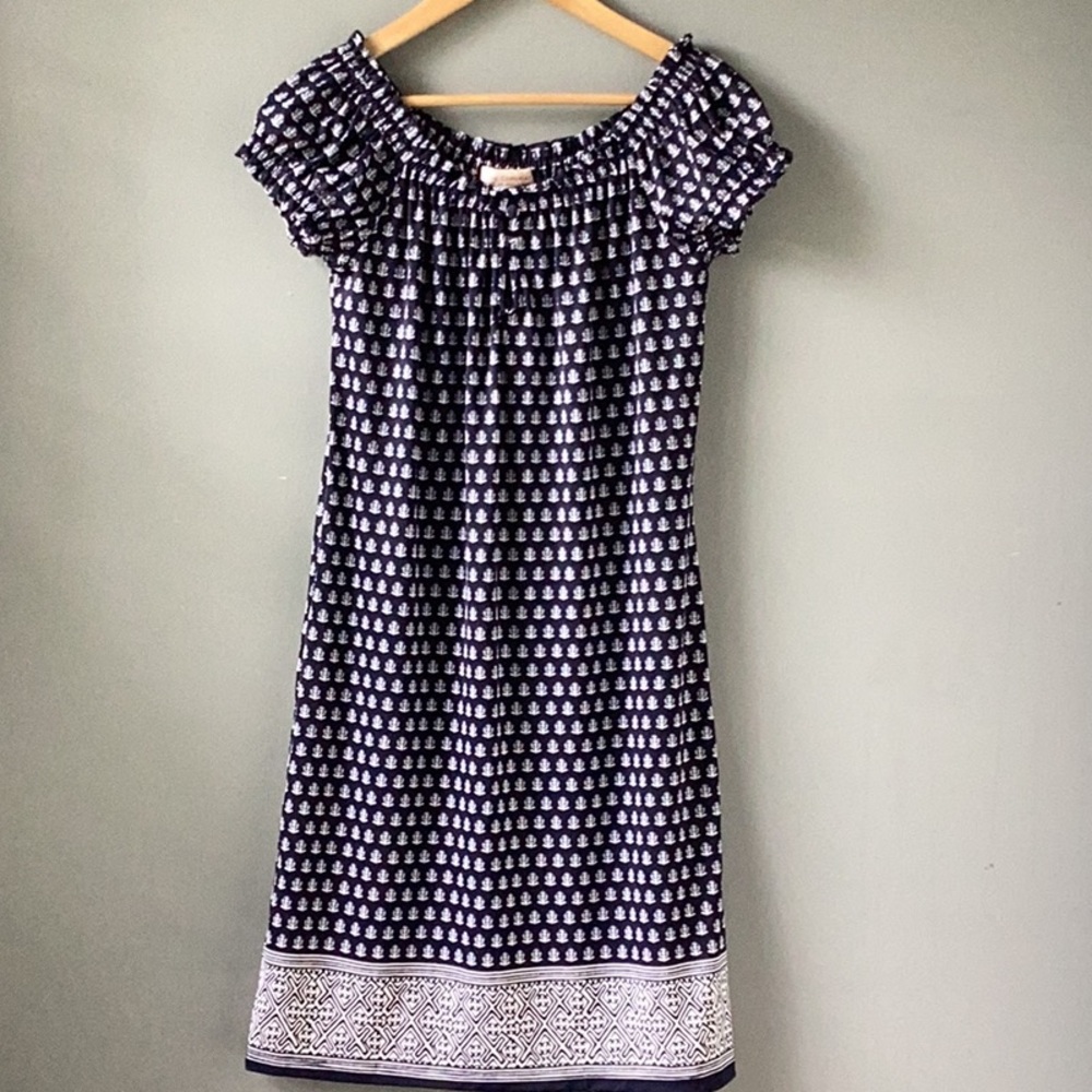 JUDE CONNALLY Off The Shoulder Navy and White Dress